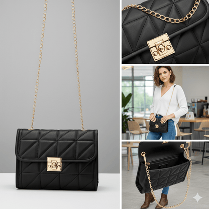 Bolsa Feminina Transversal  em Matelassê com Fecho Dourado Modelo Lumière Noir